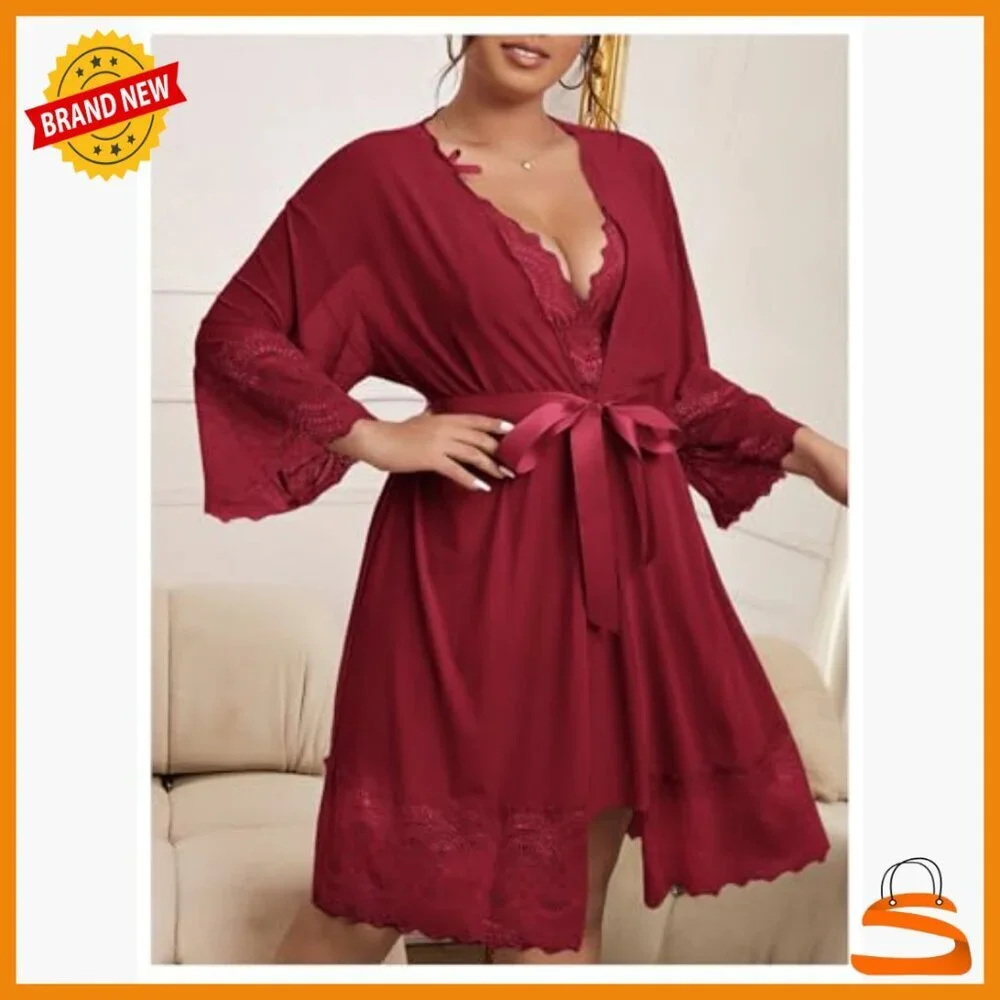 Plus Size Lace Cami Nightgown & Robe Pajama Set, V-Neck, Polyester Blend